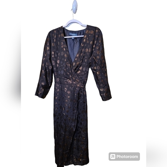 Modcloth black with gold polka dot wrap dress medium - Picture 2 of 6